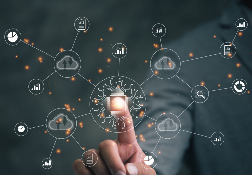 Network security concept with secure connections and digital icons representing protection of data and networks.